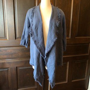 Patricia J Size S Blue Linen Jacket Open Waterfall Fringe Detail 3/4 Sleeves